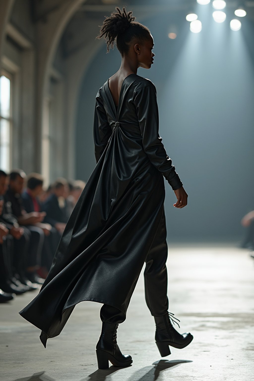 side view of woman walking on a fashion runway in an industrial space, showcasing a futuristic outfit with sharp lines