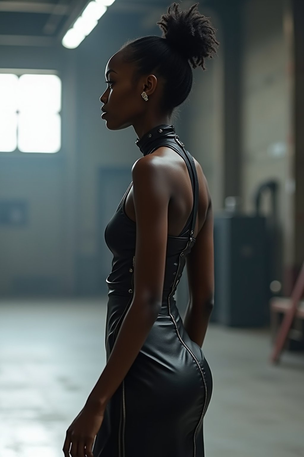 side view of woman walking on a fashion runway in an industrial space, showcasing a futuristic outfit with sharp lines