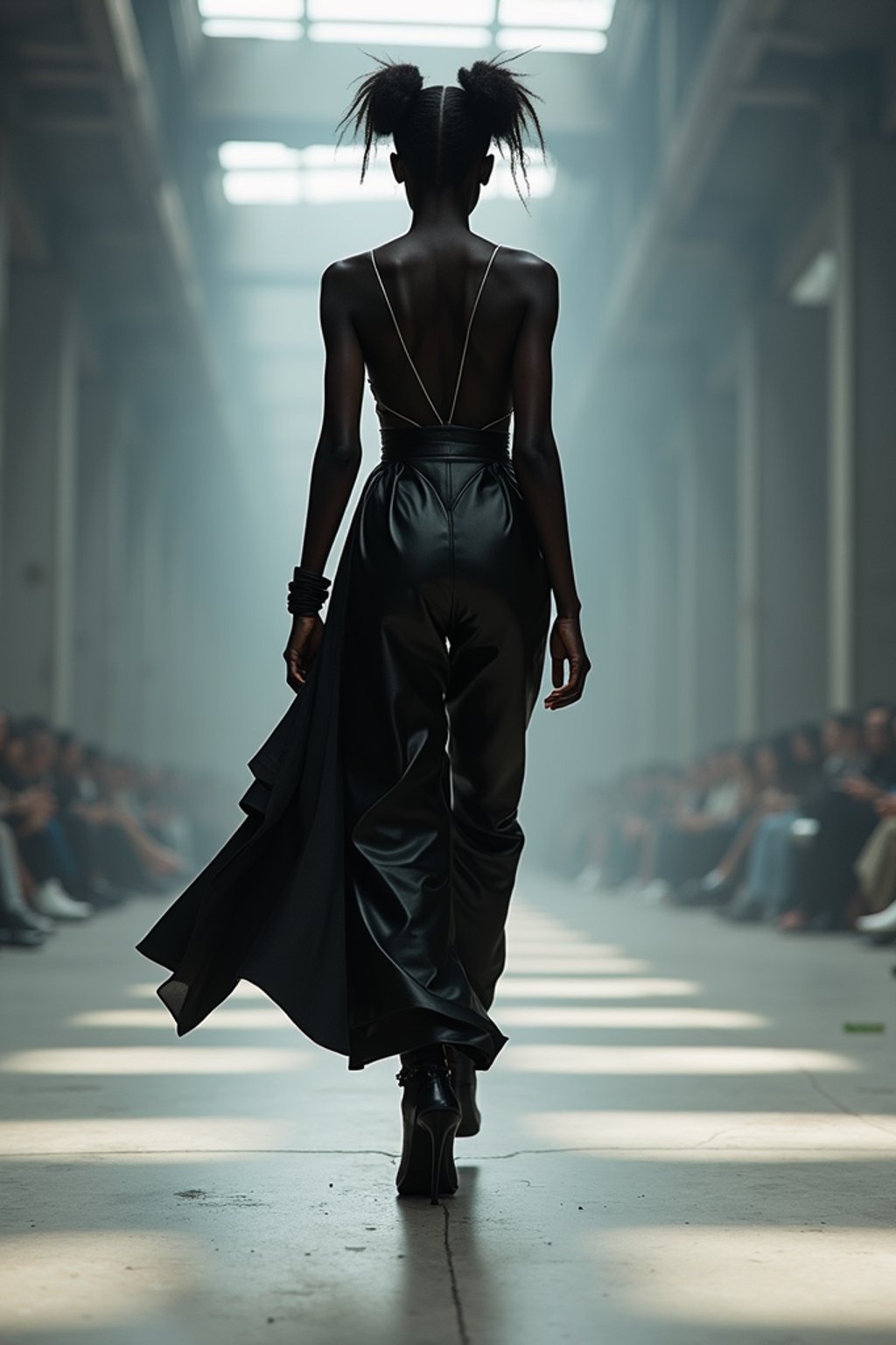 back view of woman walking on a fashion runway in an industrial space, captured mid-twirl, showcasing a futuristic outfit with sharp lines