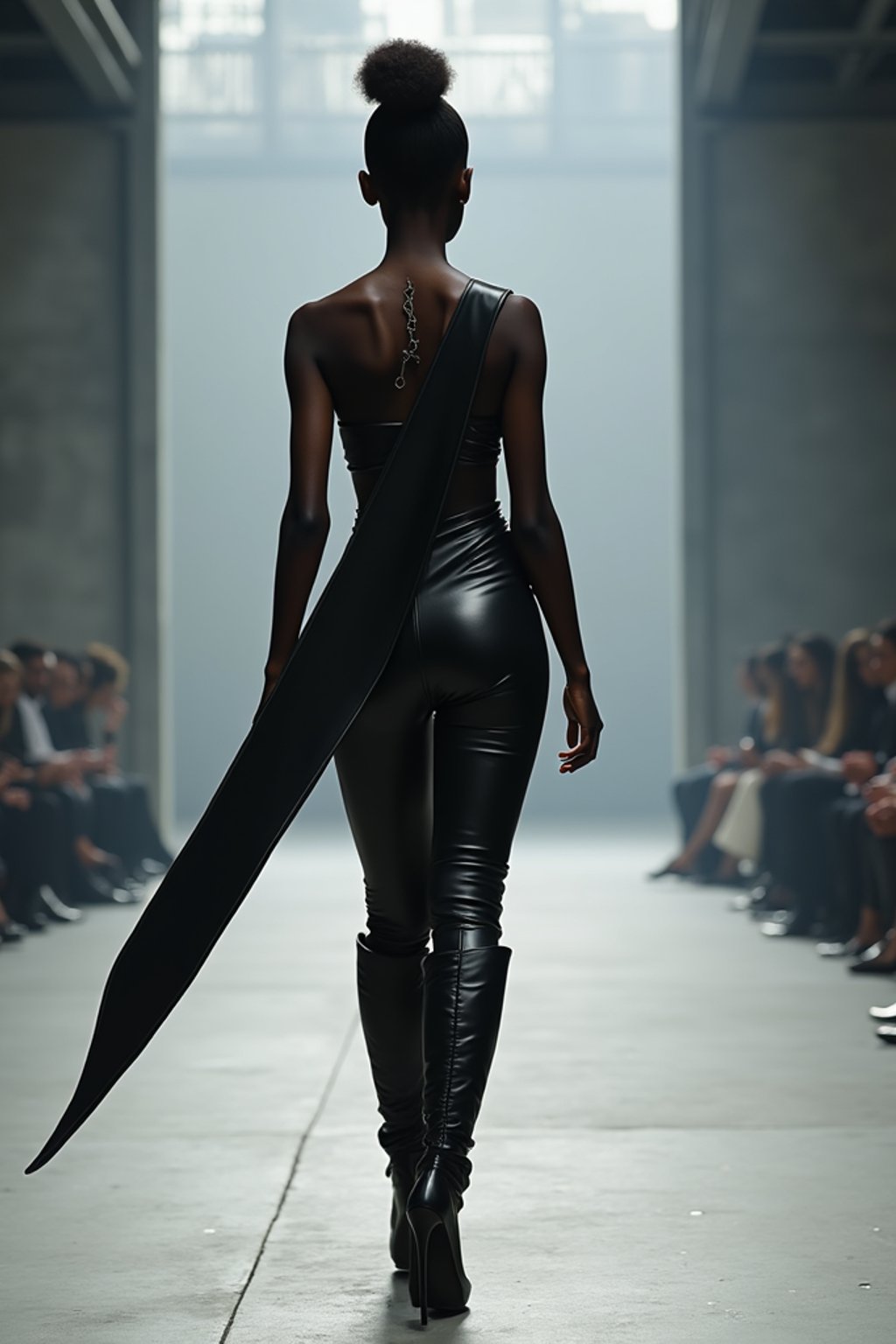 back view of woman walking on a fashion runway in an industrial space, captured mid-twirl, showcasing a futuristic outfit with sharp lines