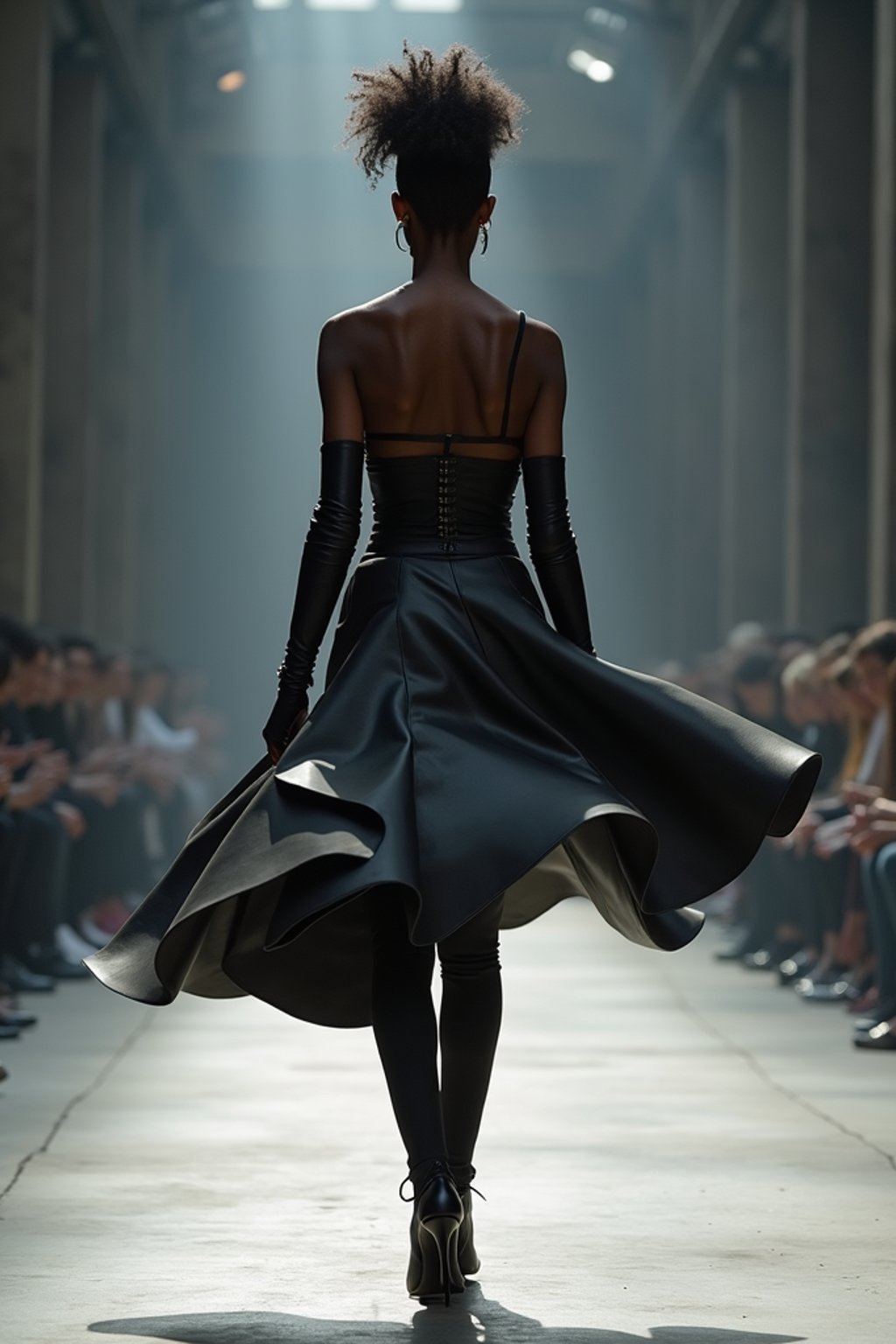 back view of woman walking on a fashion runway in an industrial space, captured mid-twirl, showcasing a futuristic outfit with sharp lines