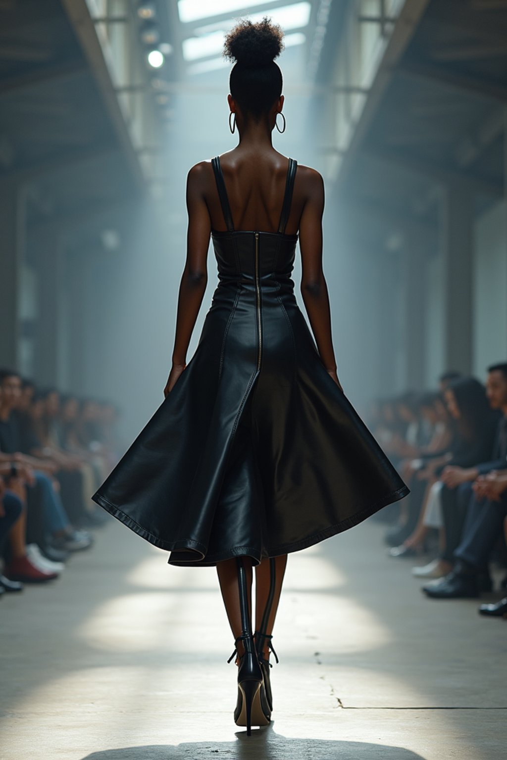 back view of woman walking on a fashion runway in an industrial space, captured mid-twirl, showcasing a futuristic outfit with sharp lines