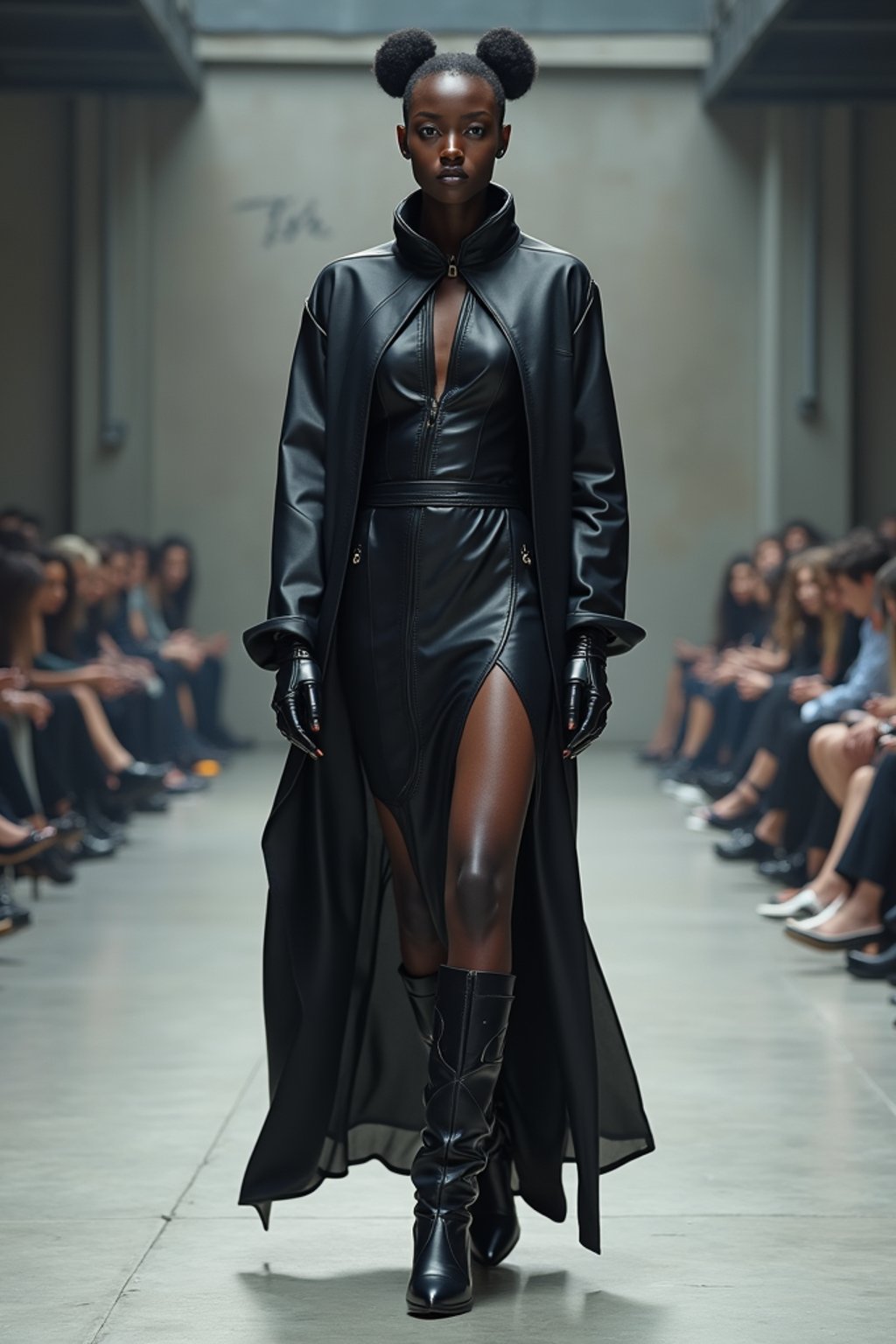 front view of woman walking on a fashion runway in an industrial space, showcasing a futuristic outfit with sharp lines