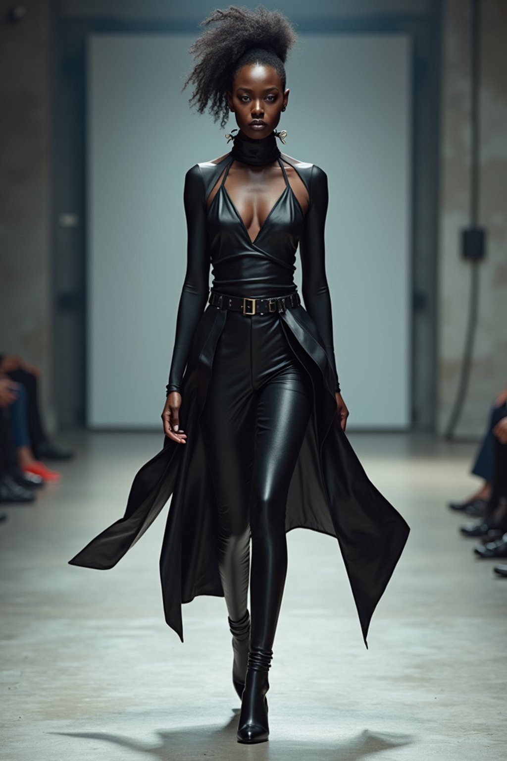 front view of woman walking on a fashion runway in an industrial space, showcasing a futuristic outfit with sharp lines