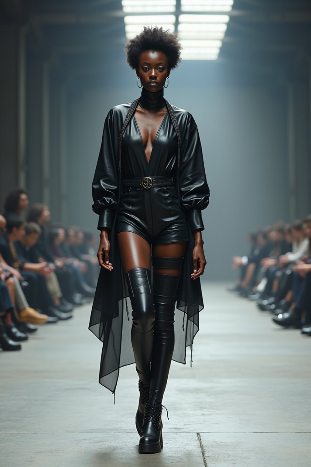 front view of woman walking on a fashion runway in an industrial space, showcasing a futuristic outfit with sharp lines