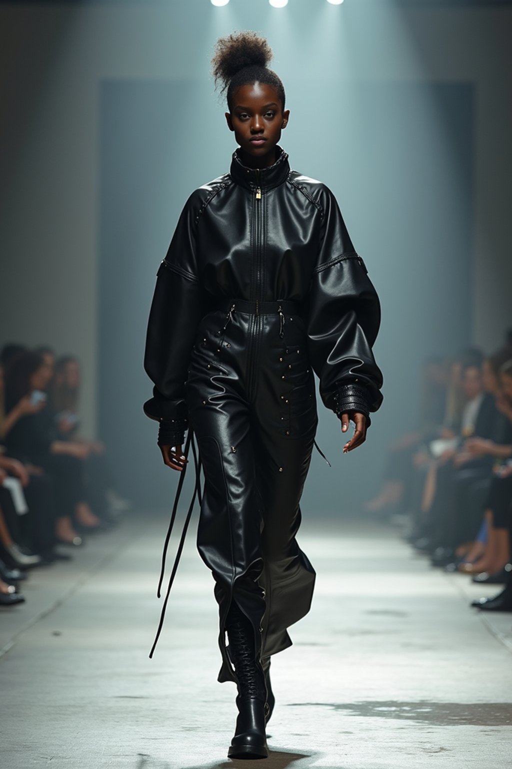 front view of woman walking on a fashion runway in an industrial space, showcasing a futuristic outfit with sharp lines