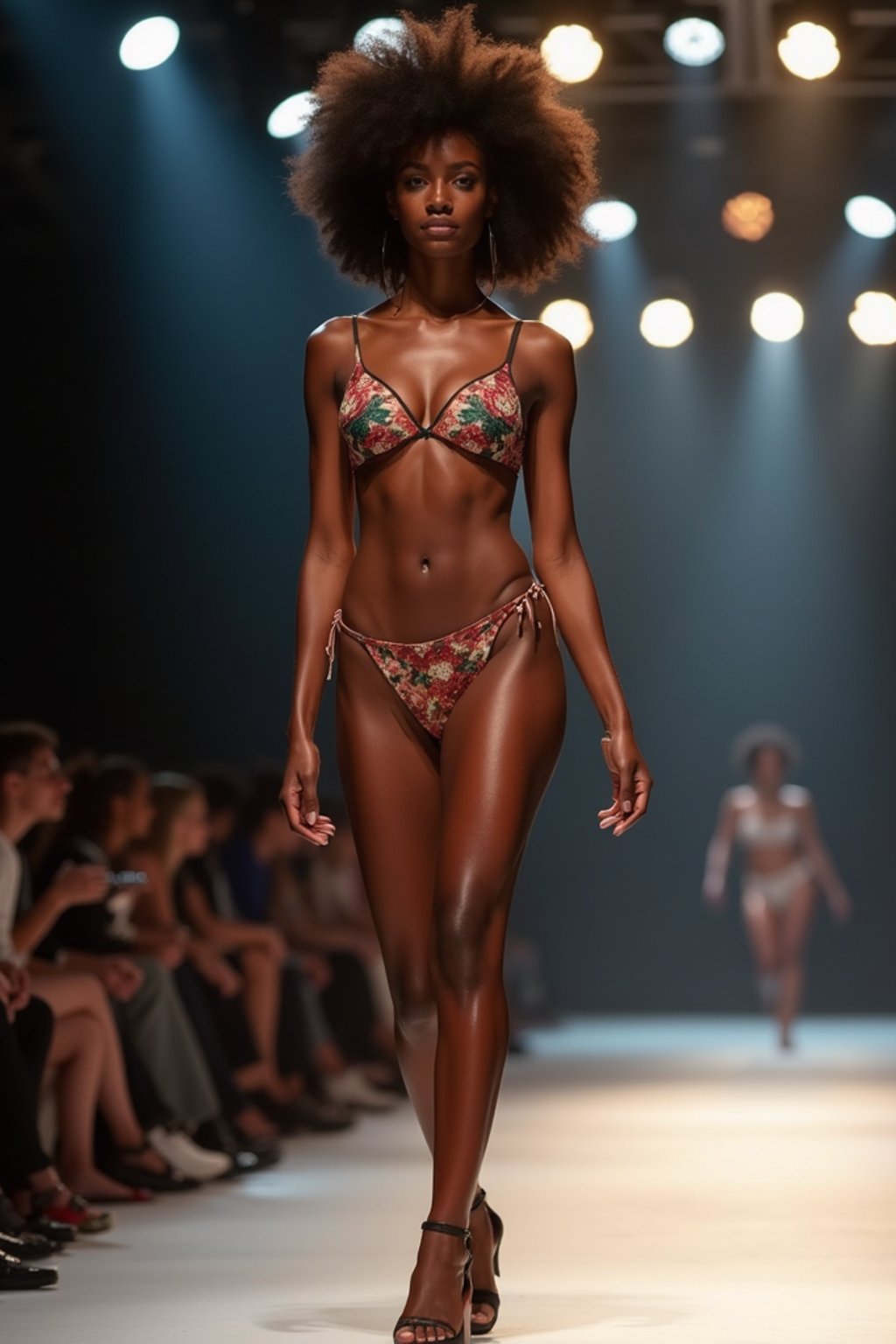 side view of woman striding confidently down a fashion runway in bikini, surrounded by flashing camera lights.