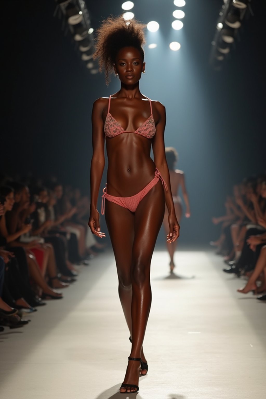 side view of woman striding confidently down a fashion runway in bikini, surrounded by flashing camera lights.