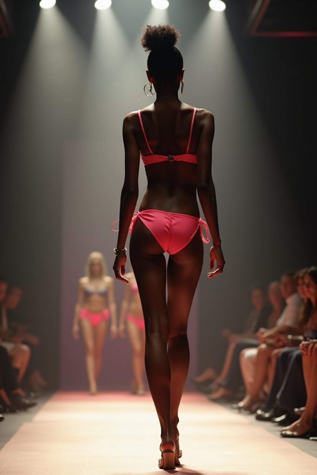 back view of woman striding confidently down a fashion runway in bikini, captured mid-twirl, surrounded by flashing camera lights.