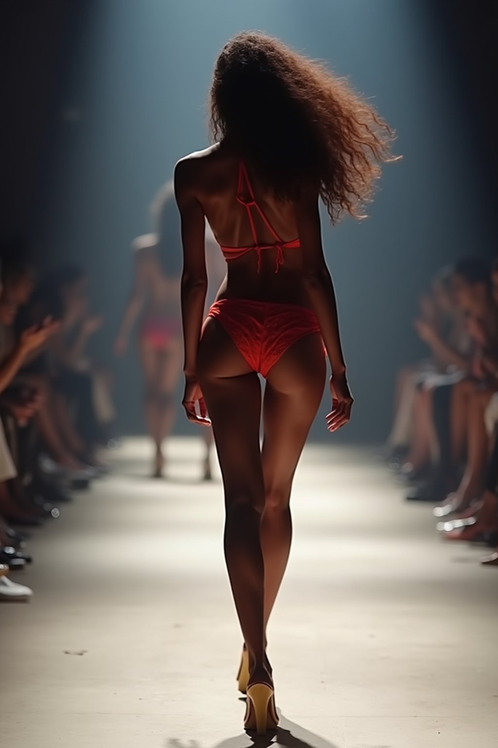 back view of woman striding confidently down a fashion runway in bikini, captured mid-twirl, surrounded by flashing camera lights.