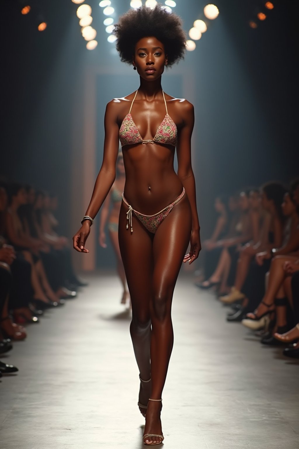 front view of woman striding confidently down a fashion runway in bikini, surrounded by flashing camera lights.