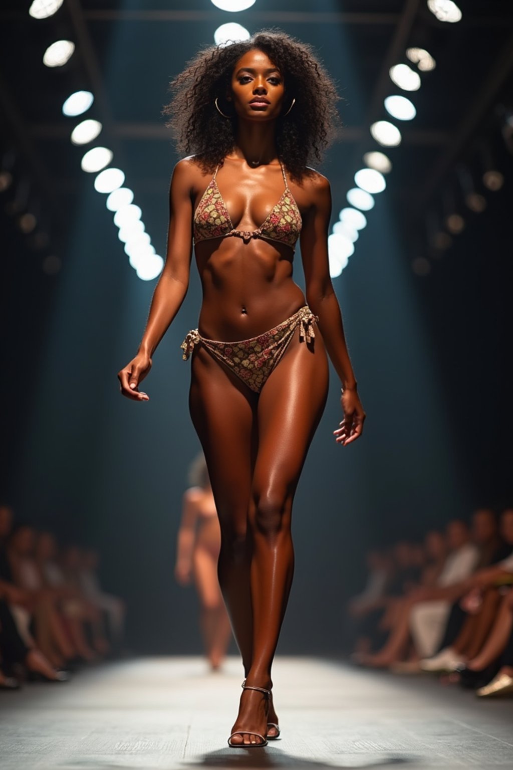 front view of woman striding confidently down a fashion runway in bikini, surrounded by flashing camera lights.