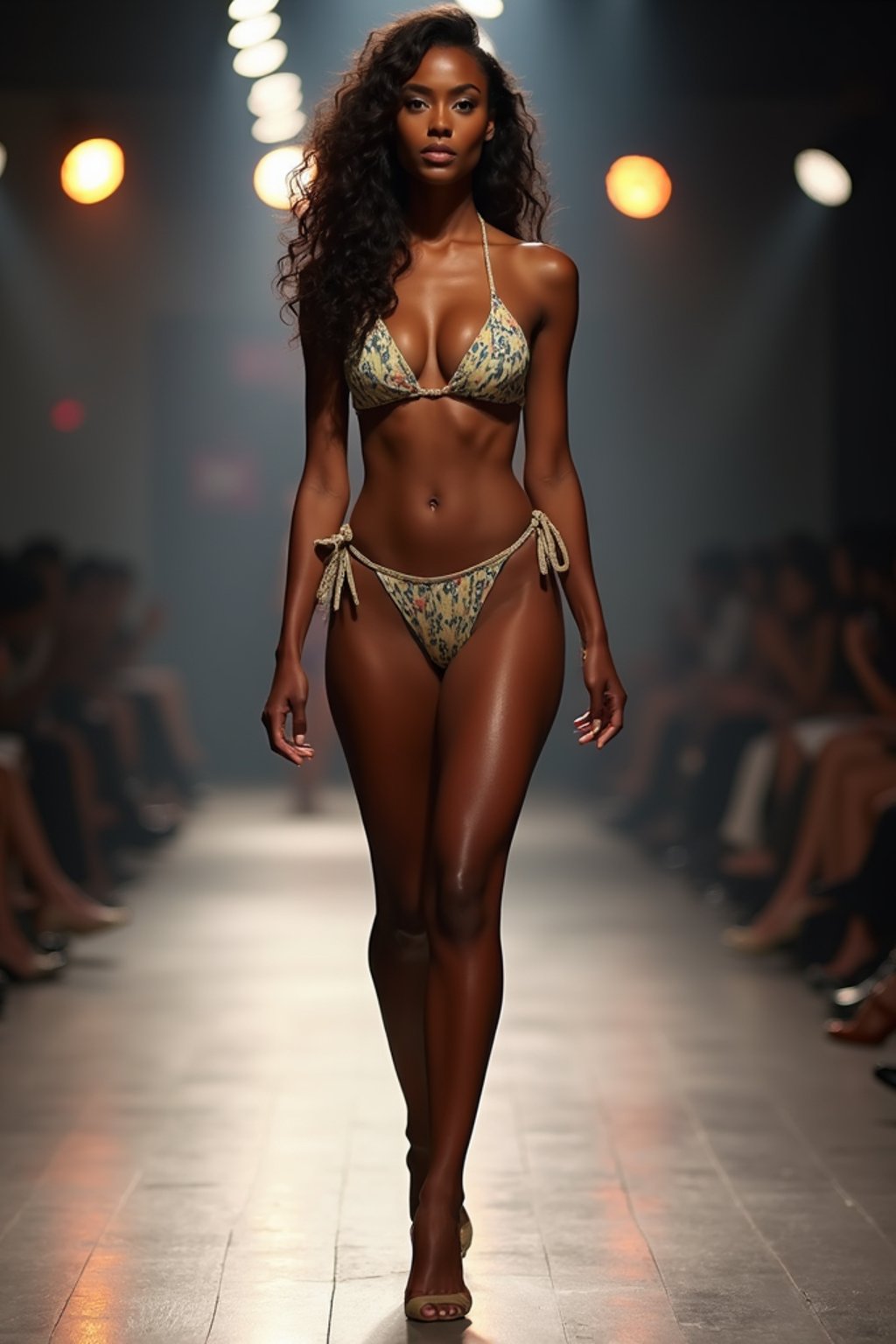 front view of woman striding confidently down a fashion runway in bikini, surrounded by flashing camera lights.