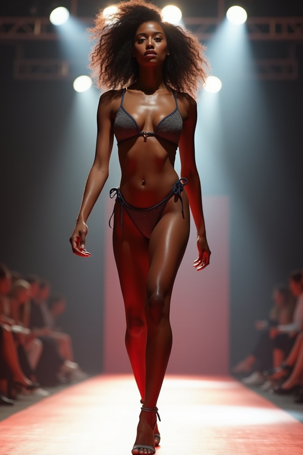 front view of woman striding confidently down a fashion runway in bikini, surrounded by flashing camera lights.