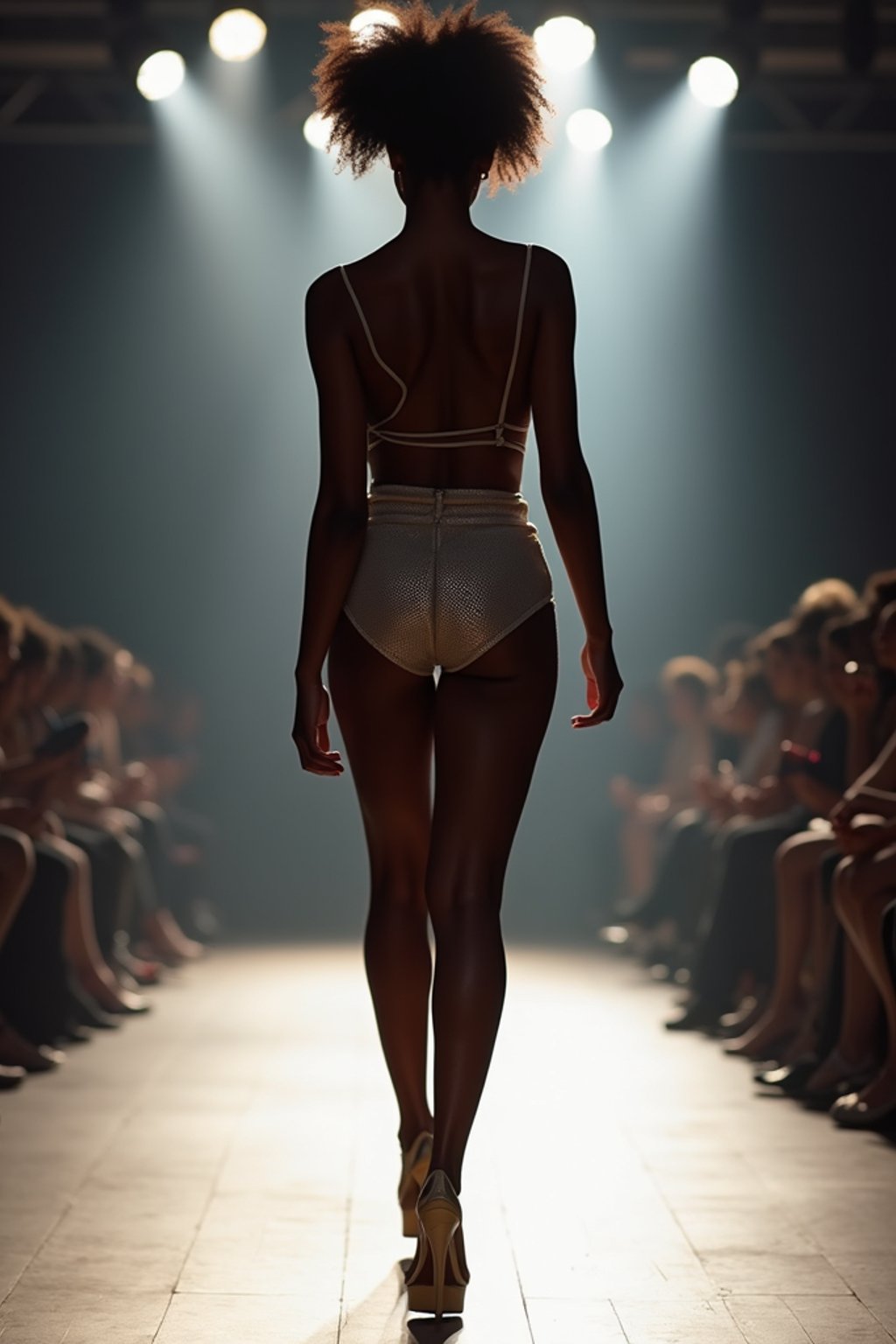 back view of woman striding confidently down a fashion runway, surrounded by flashing camera lights.