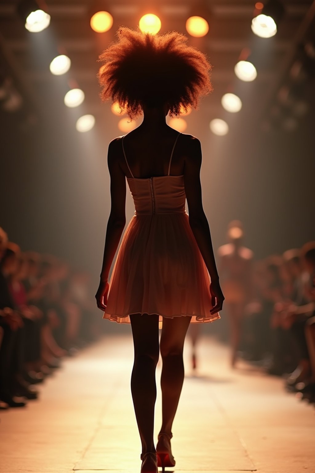 back view of woman striding confidently down a fashion runway, surrounded by flashing camera lights.