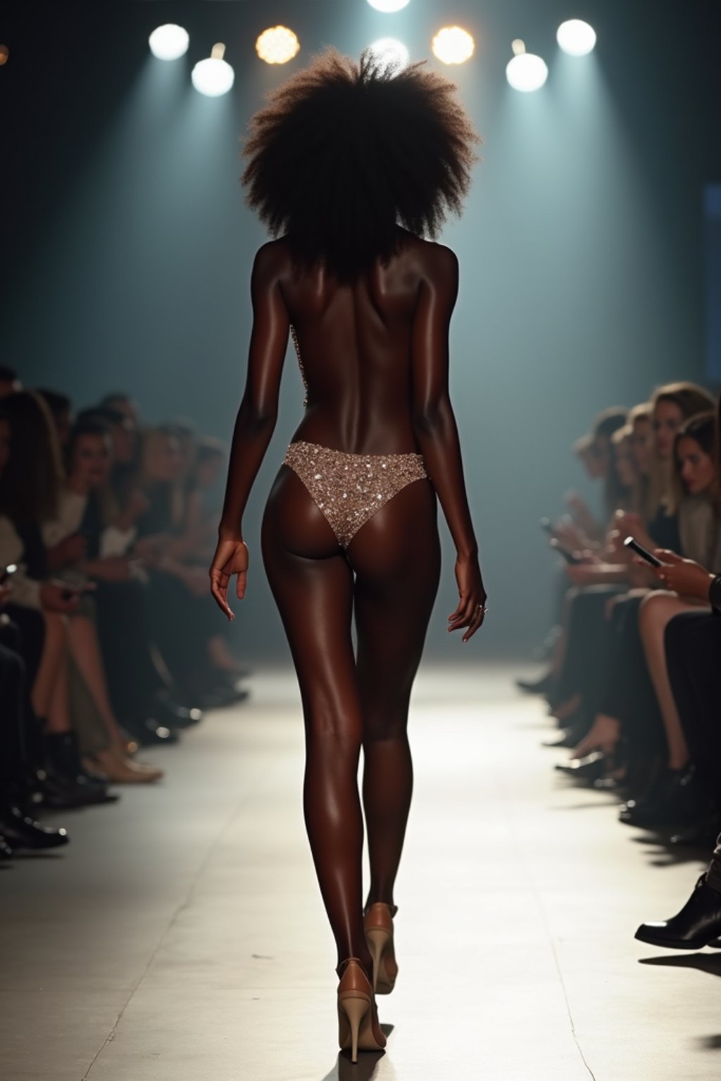 back view of woman striding confidently down a fashion runway, surrounded by flashing camera lights.