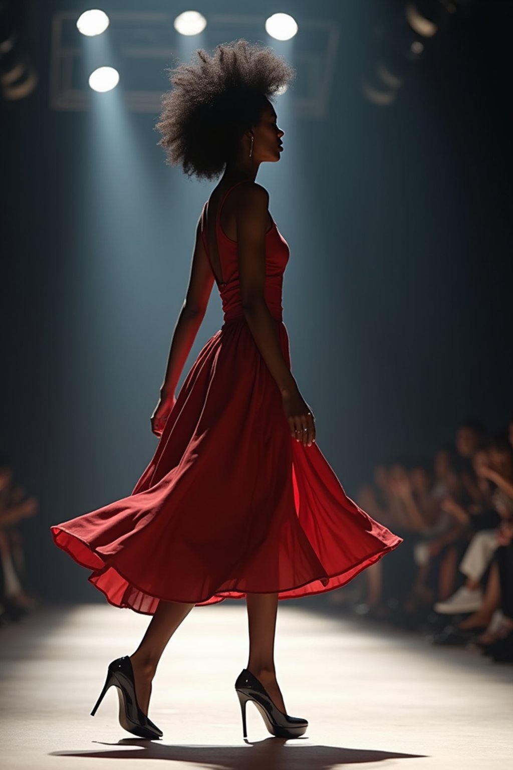 side view of woman striding confidently down a fashion runway, captured mid-twirl, surrounded by flashing camera lights.