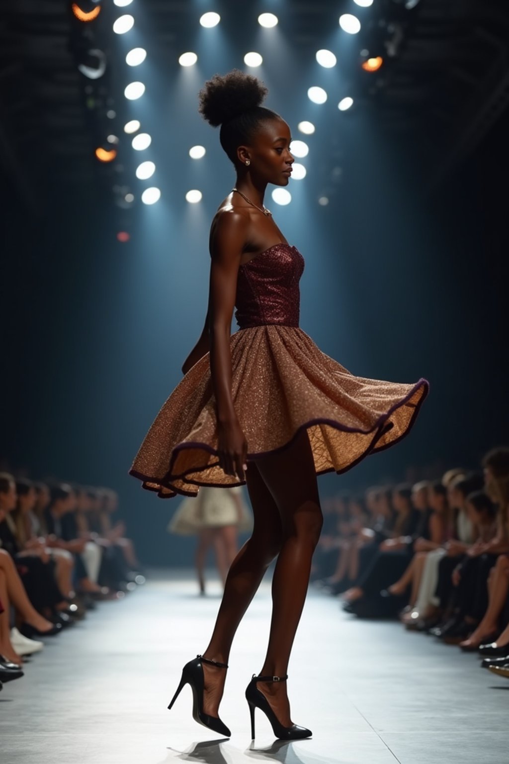 side view of woman striding confidently down a fashion runway, captured mid-twirl, surrounded by flashing camera lights.