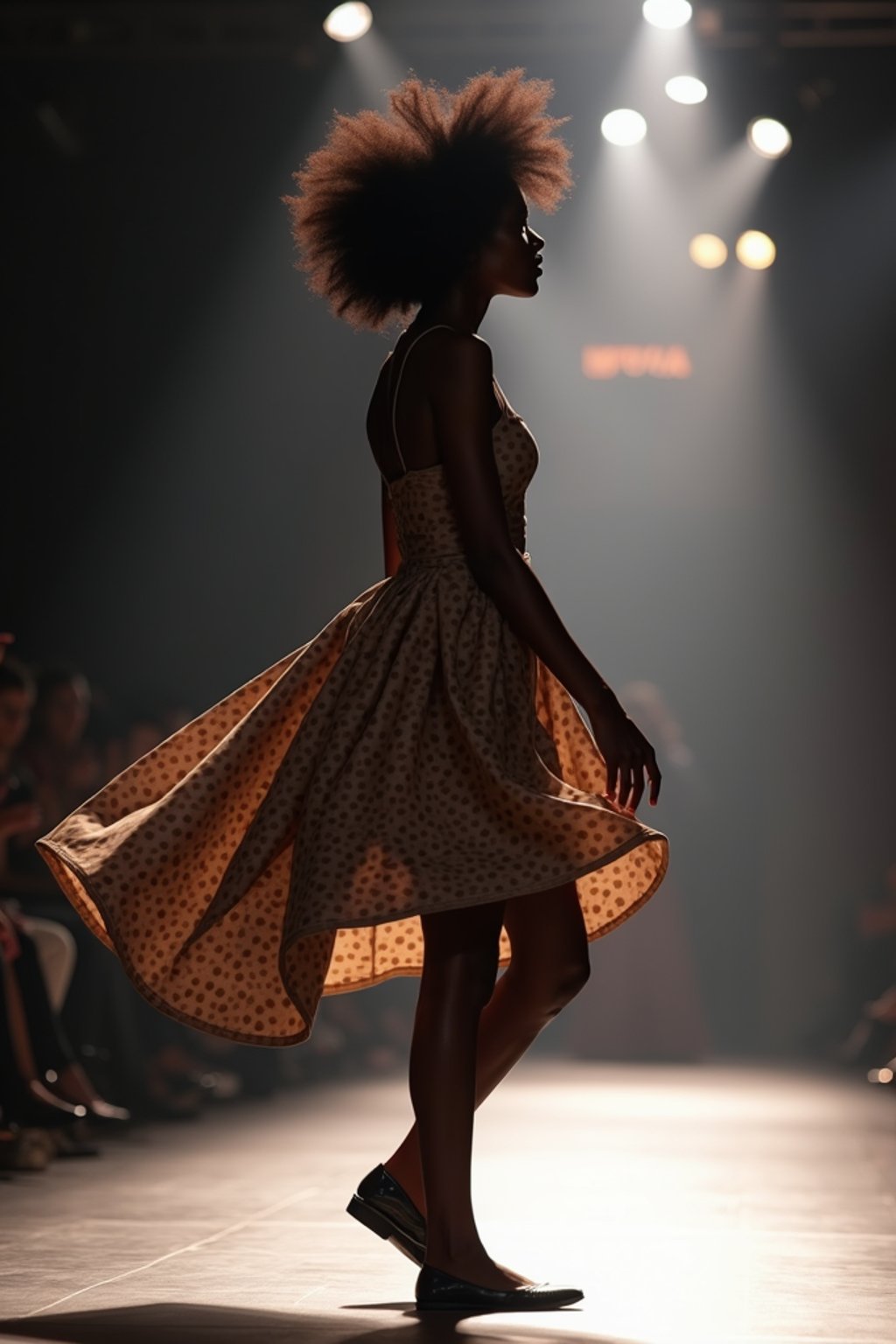 side view of woman striding confidently down a fashion runway, captured mid-twirl, surrounded by flashing camera lights.