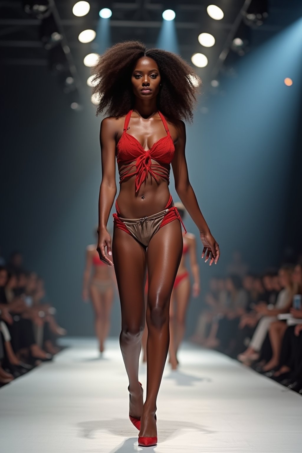 front view of woman striding confidently down a fashion runway, surrounded by flashing camera lights.