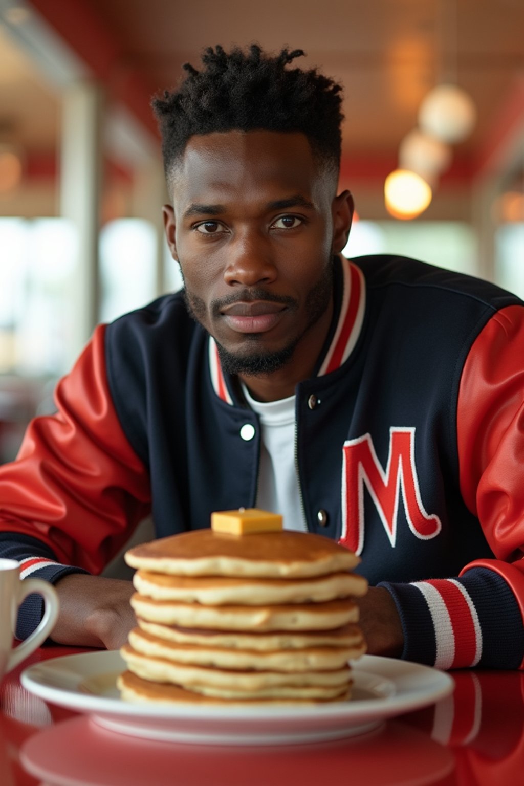 man in retro 1950s diner photo shoot. stack of pancakes and one coffee mug in front. man wearing varsity bomber