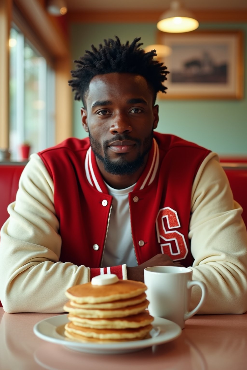 man in retro 1950s diner photo shoot. stack of pancakes and one coffee mug in front. man wearing varsity bomber