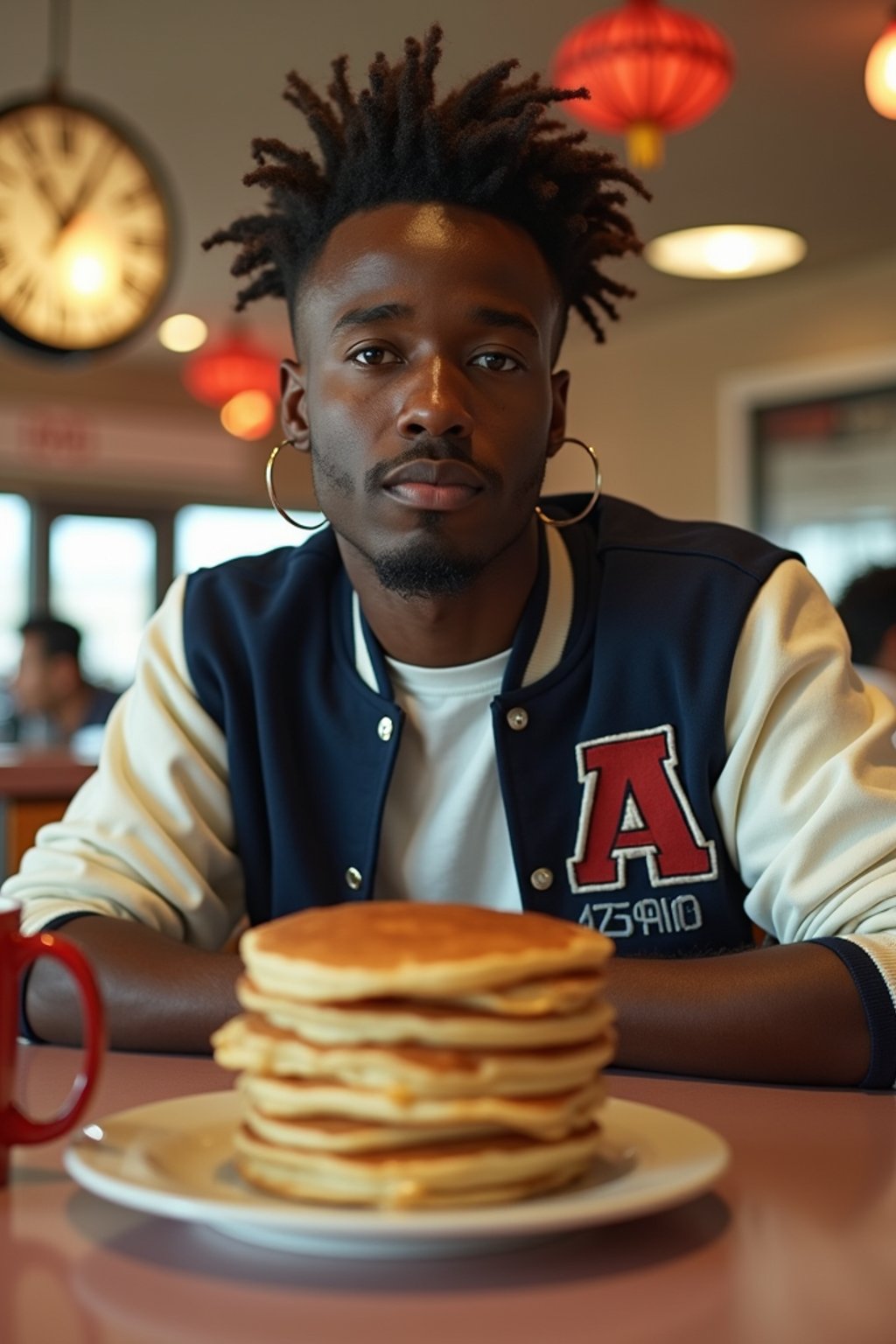 man in retro 1950s diner photo shoot. stack of pancakes and one coffee mug in front. man wearing varsity bomber