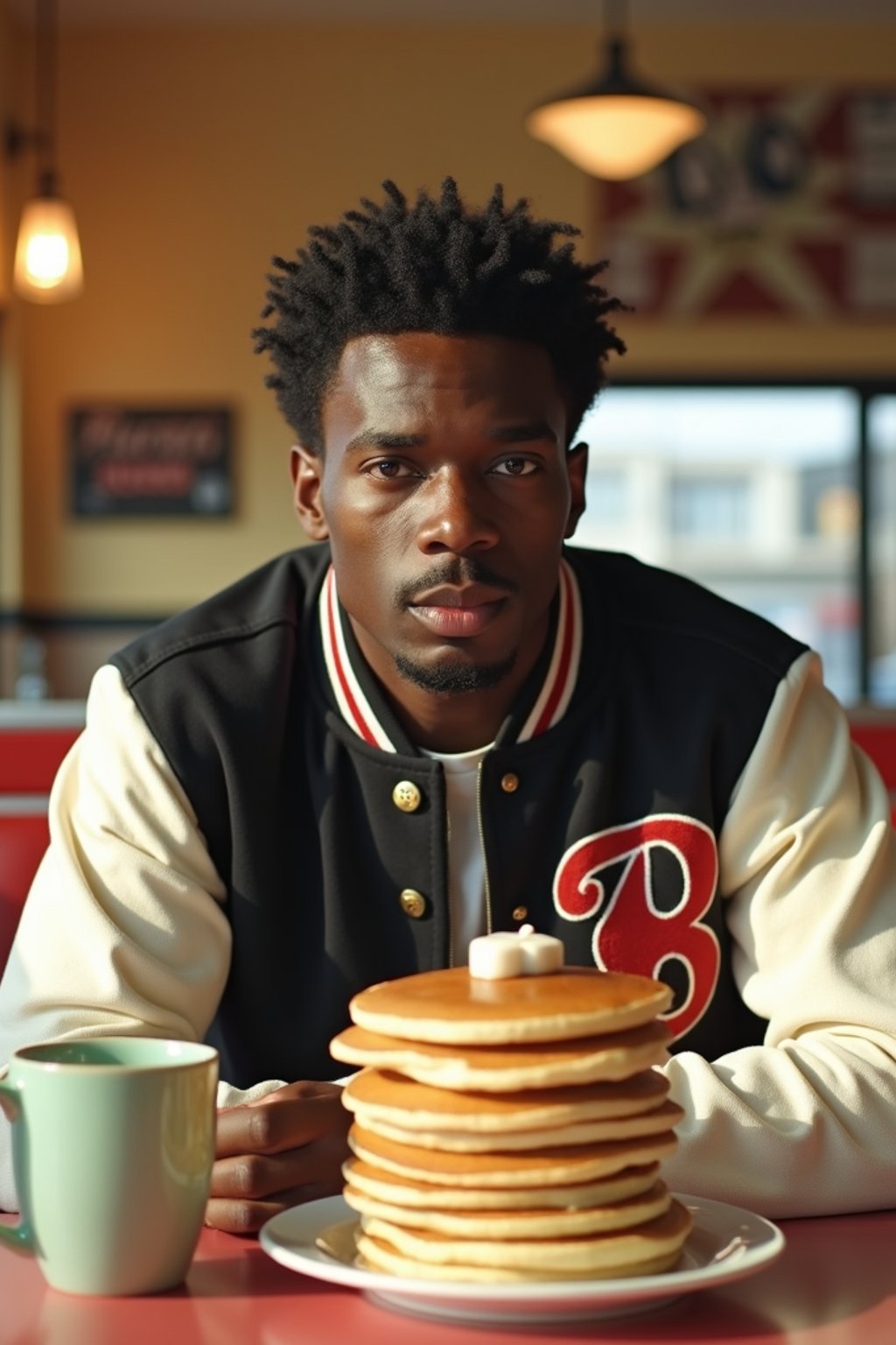 man in retro 1950s diner photo shoot. stack of pancakes and one coffee mug in front. man wearing varsity bomber