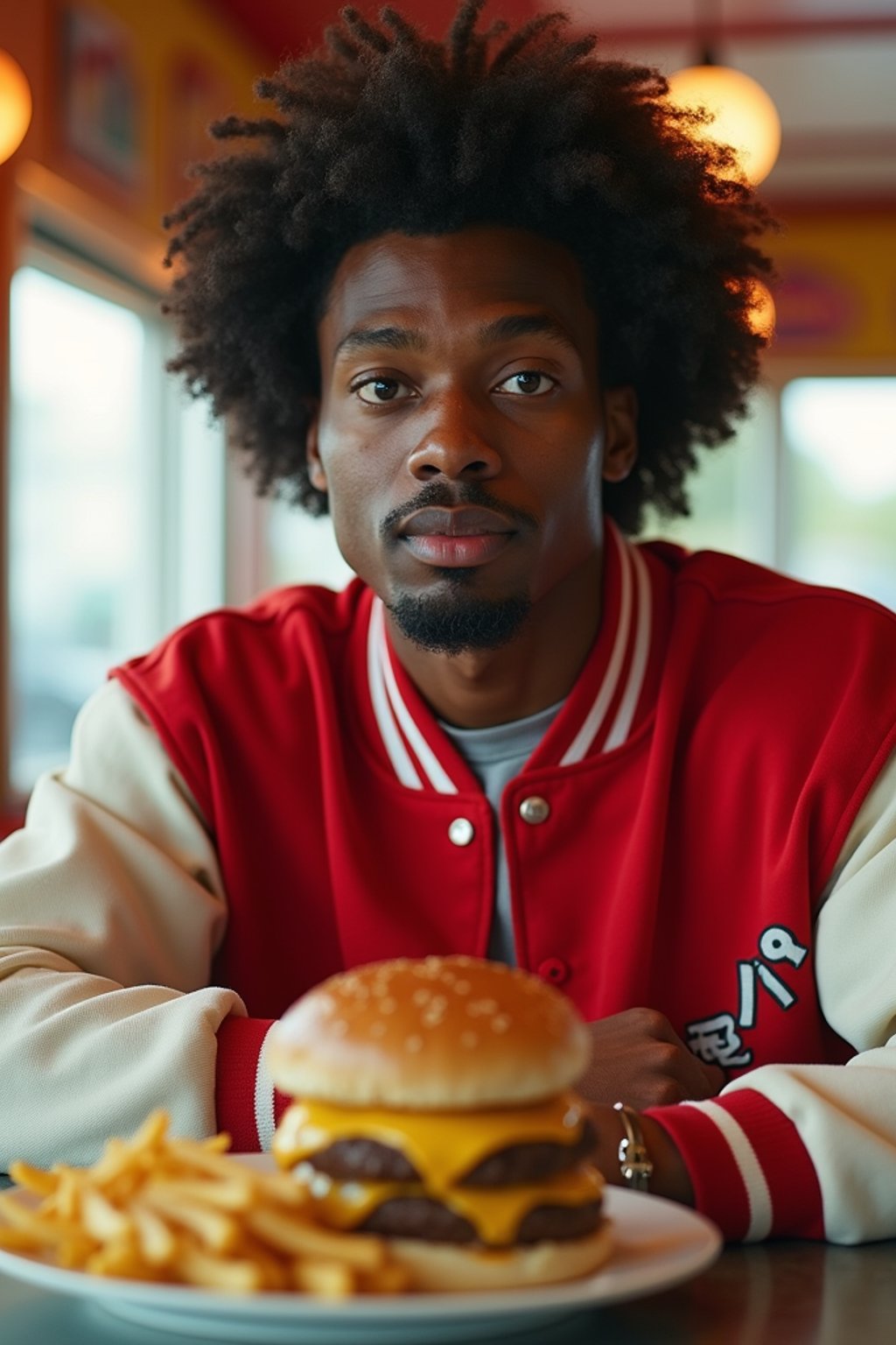 man in retro 1950s diner photo shoot. french fries and one cheeseburger on a plate in front. man wearing varsity bomber