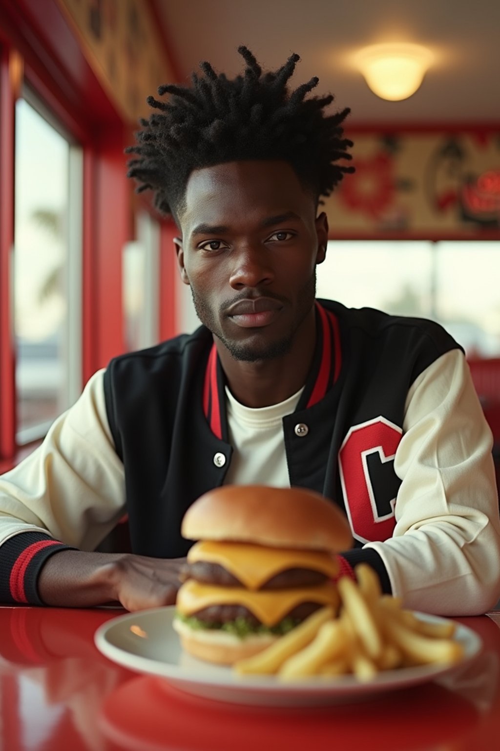 man in retro 1950s diner photo shoot. french fries and one cheeseburger on a plate in front. man wearing varsity bomber