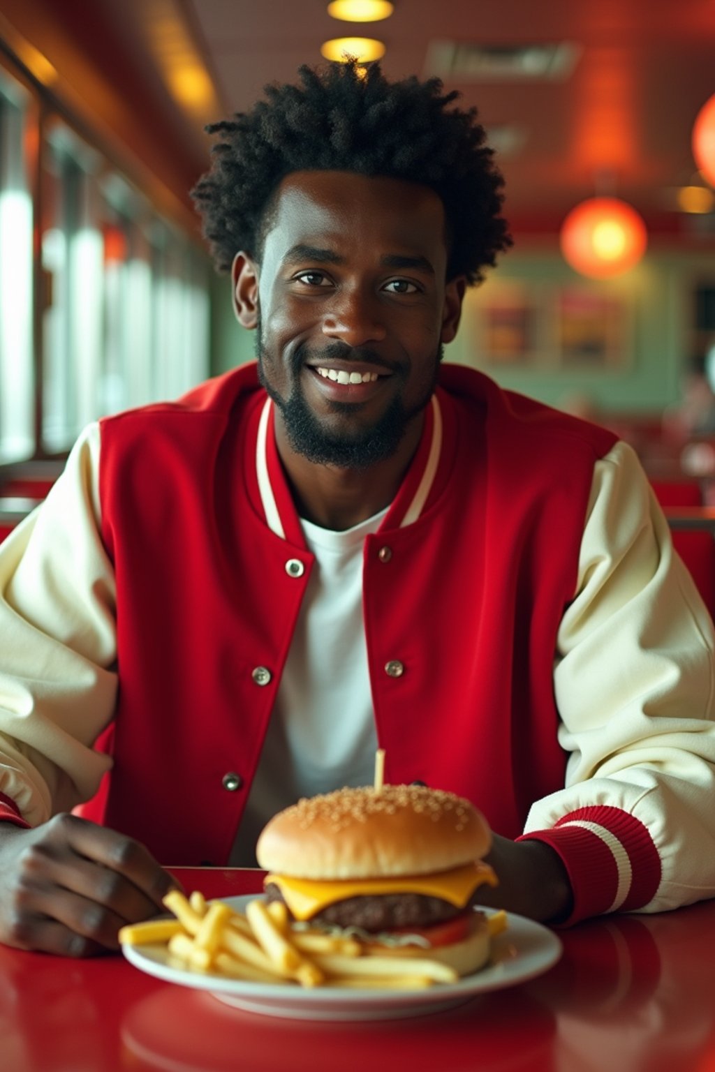 man in retro 1950s diner photo shoot. french fries and one cheeseburger on a plate in front. man wearing varsity bomber