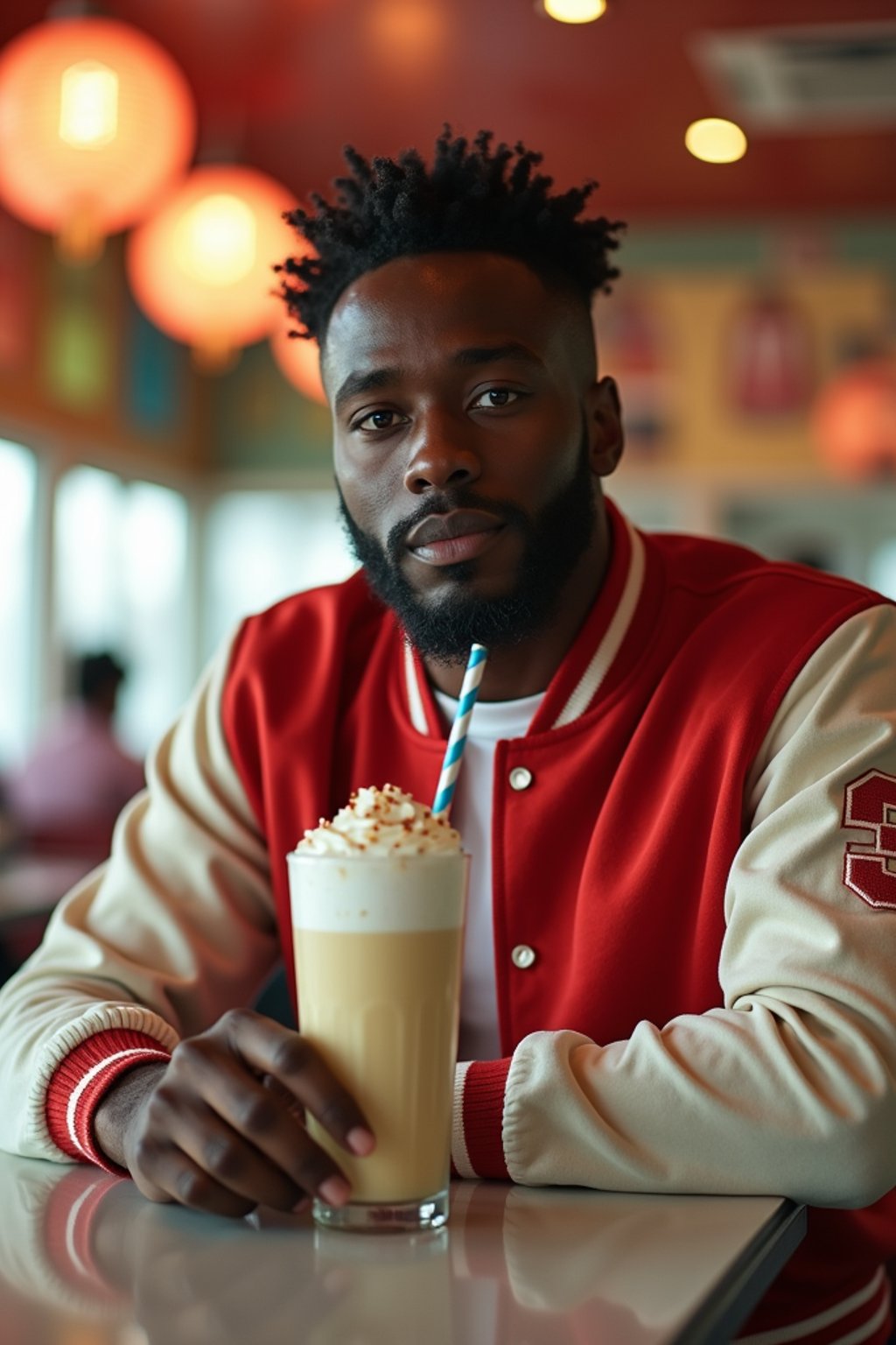 man in retro 1950s diner photo shoot. one milkshake in front. man wearing varsity bomber