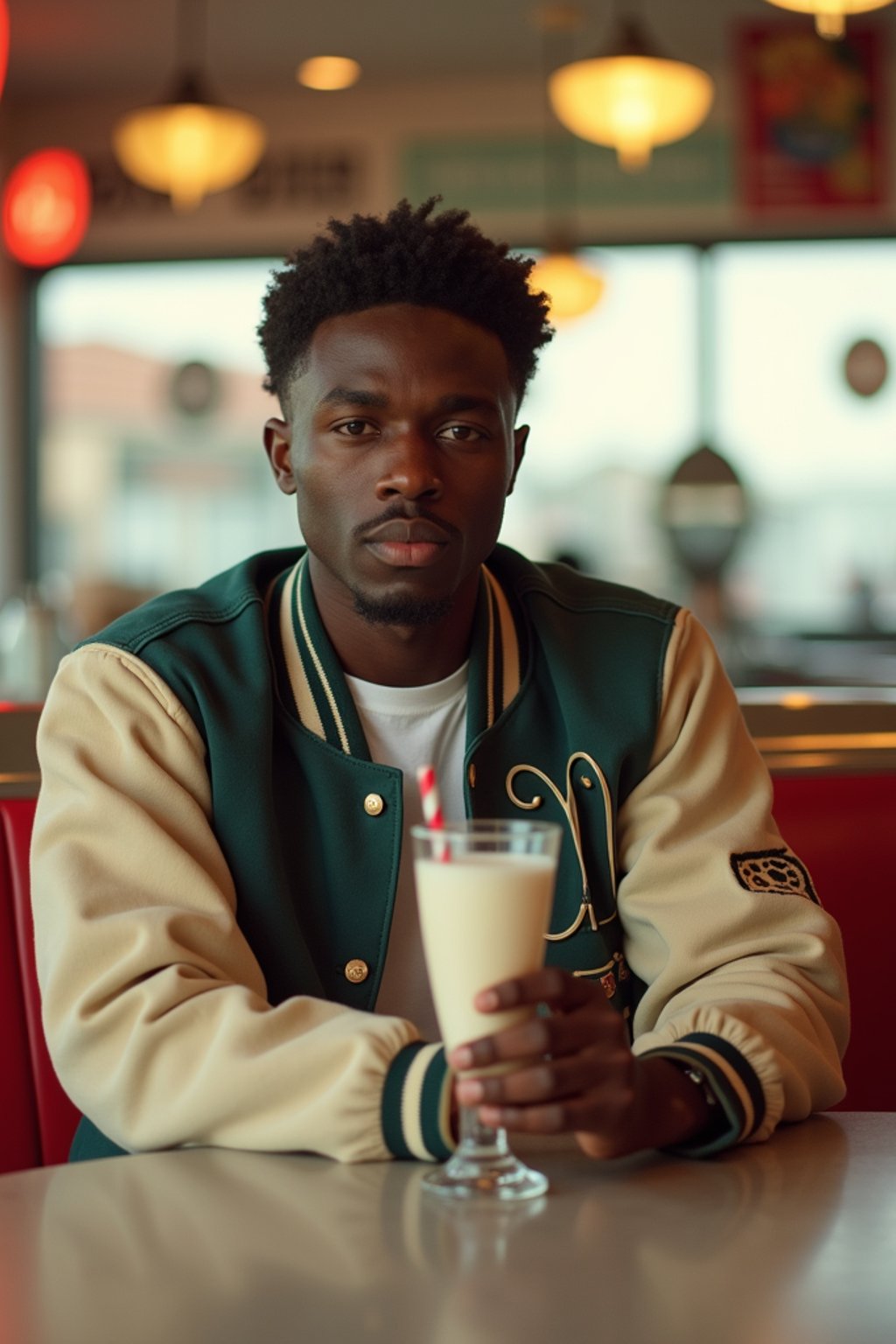 man in retro 1950s diner photo shoot. one milkshake in front. man wearing varsity bomber