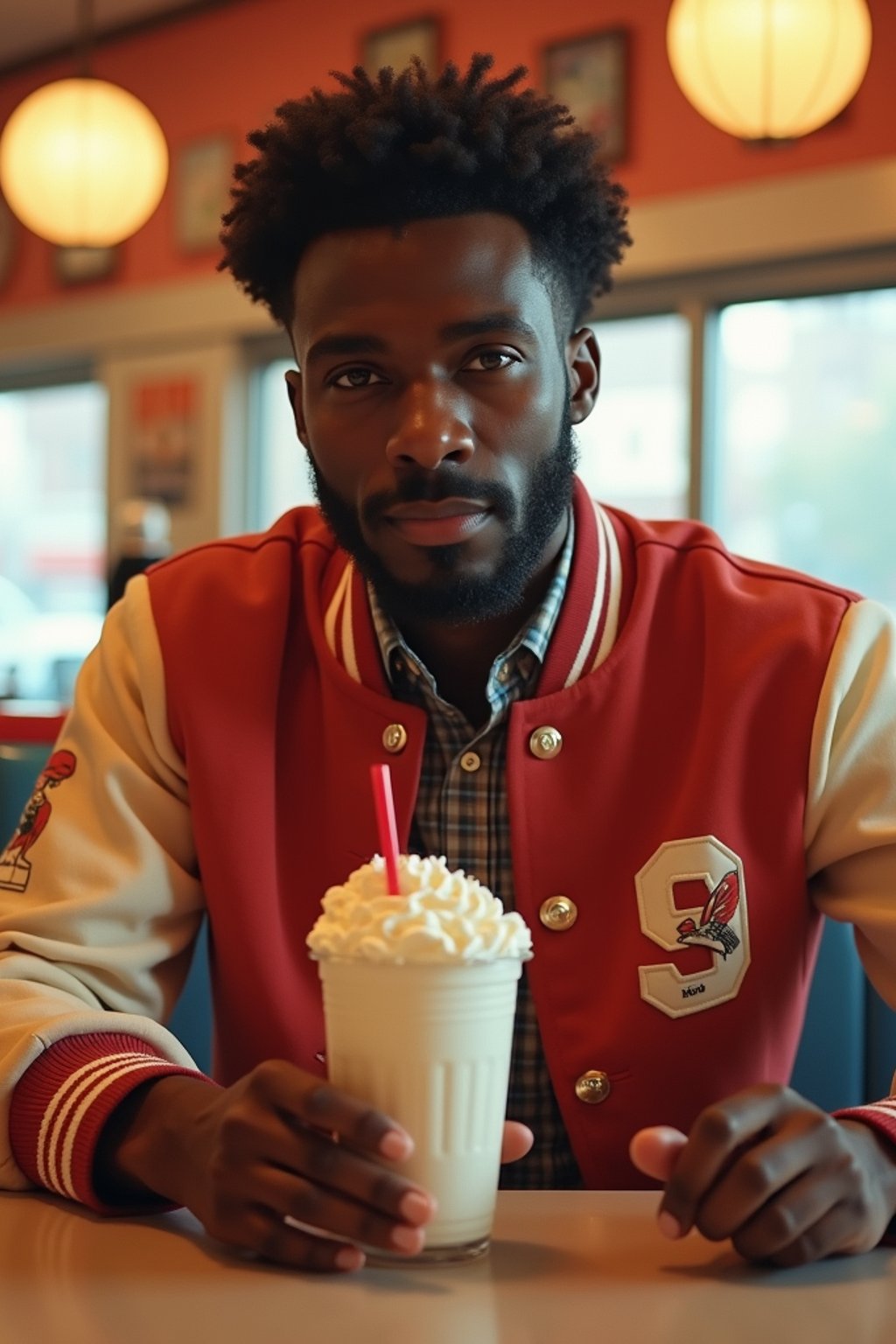 man in retro 1950s diner photo shoot. one milkshake in front. man wearing varsity bomber