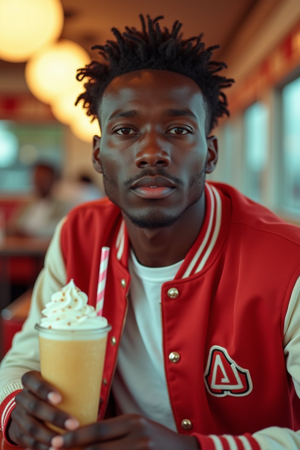 man in retro 1950s diner photo shoot. one milkshake in front. man wearing varsity bomber