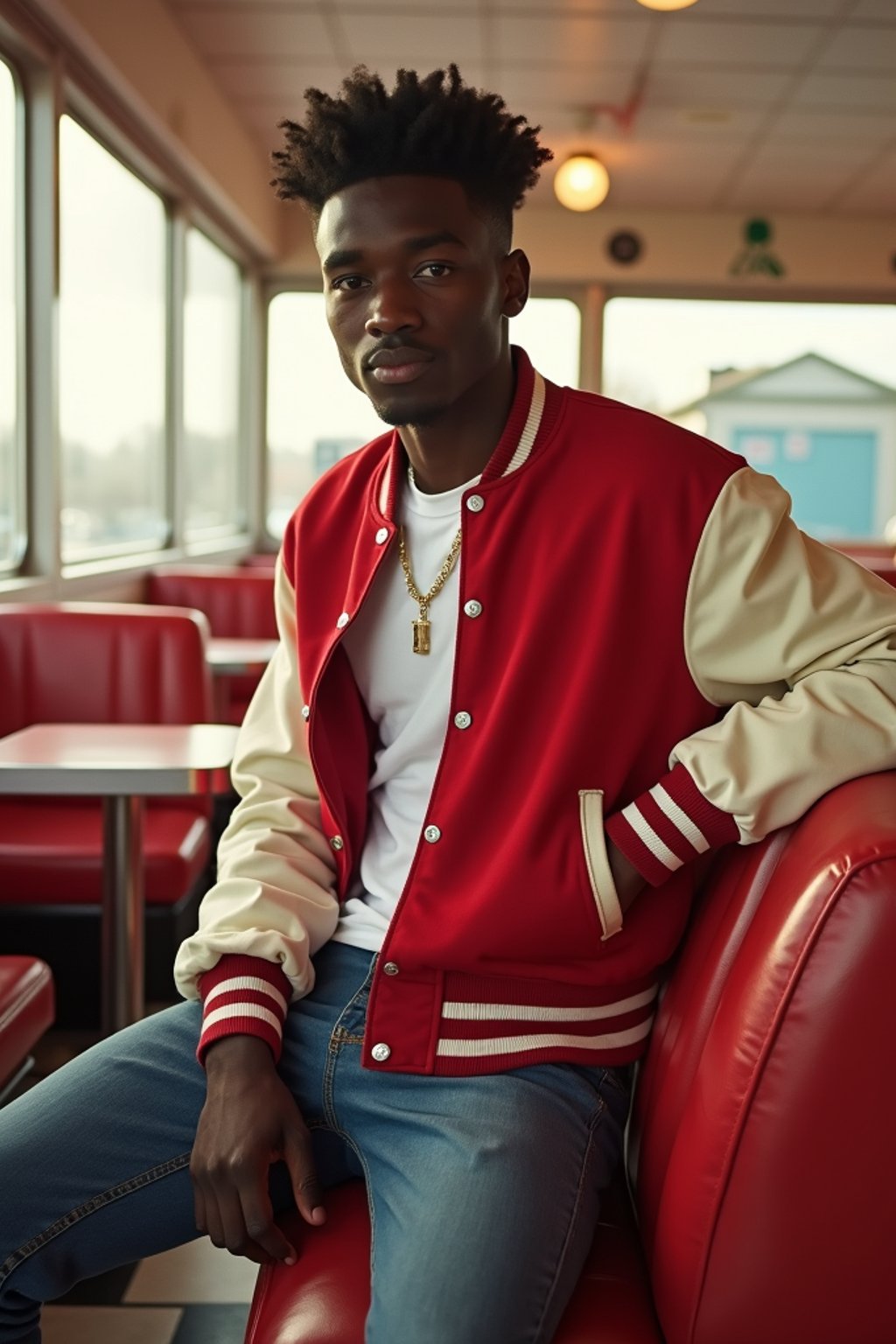 man in retro 1950s diner photo shoot. posing in front of red 1950s barstools. man wearing varsity bomber . white interior with red seats and black and white flooring.