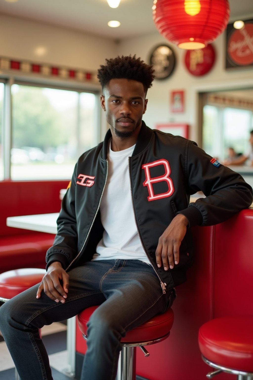 man in retro 1950s diner photo shoot. posing in front of red 1950s barstools. man wearing varsity bomber . white interior with red seats and black and white flooring.