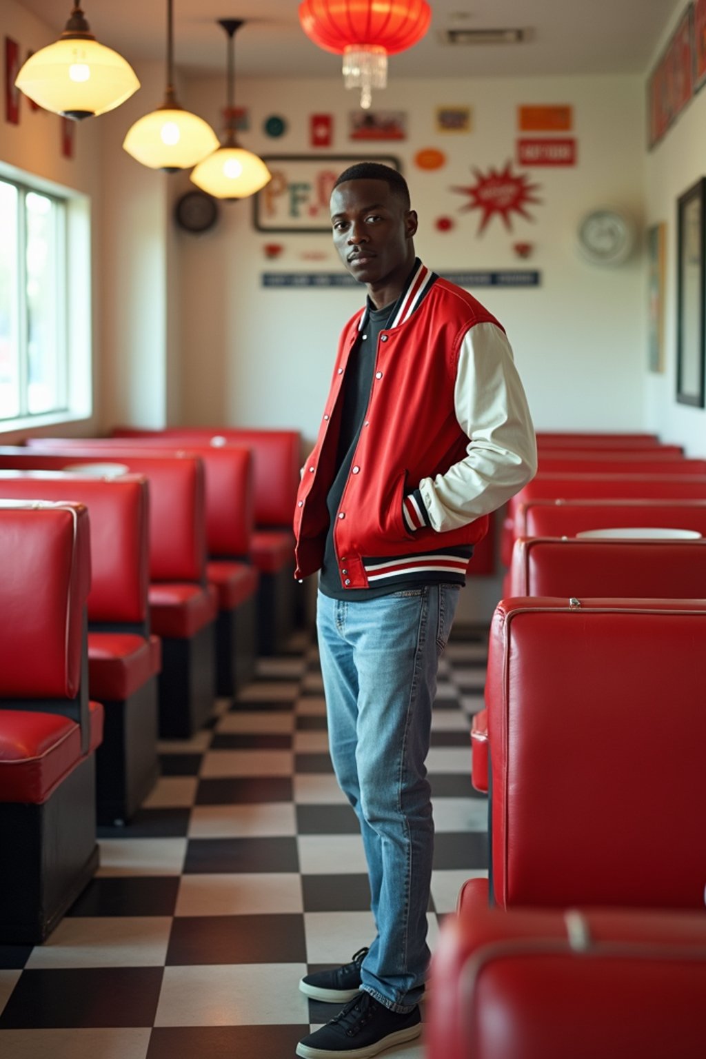 man in retro 1950s diner photo shoot. posing in front of red 1950s barstools. man wearing varsity bomber . white interior with red seats and black and white flooring.