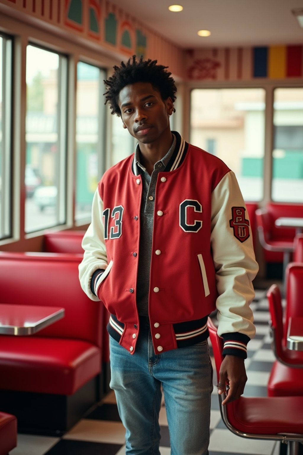 man in retro 1950s diner photo shoot. posing in front of red 1950s barstools. man wearing varsity bomber . white interior with red seats and black and white flooring.