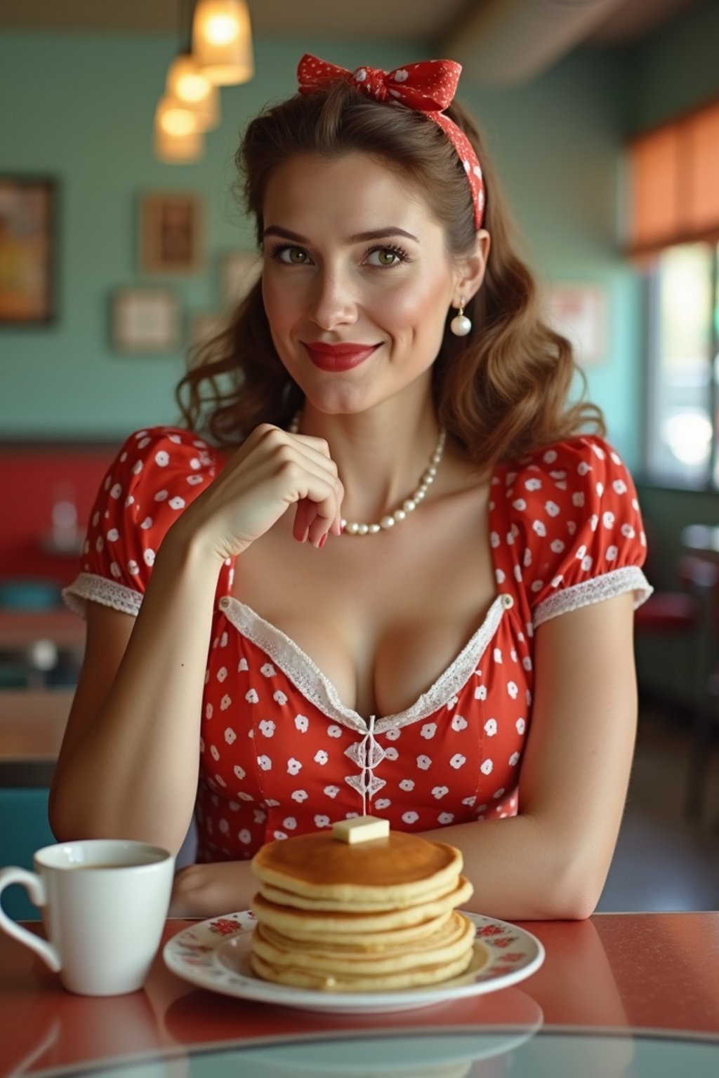 woman in retro 1950s diner photo shoot. stack of pancakes and one coffee mug in front.  woman wearing 1950s pin up dress and 1950s hair tie