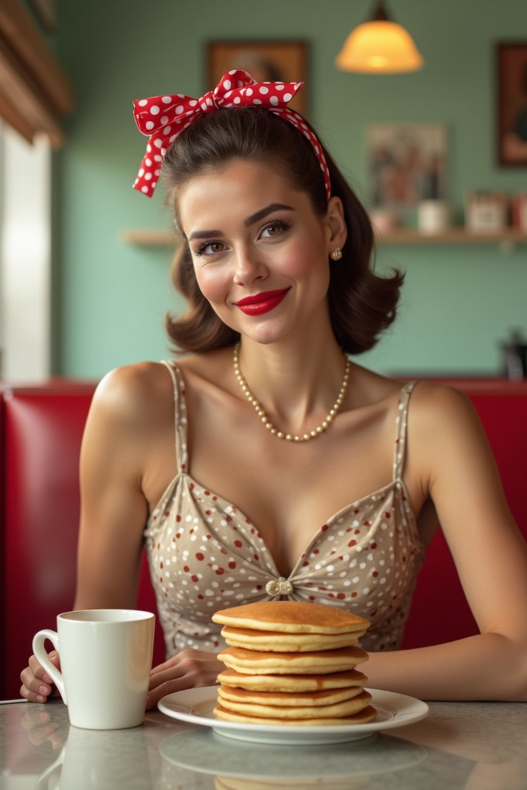 woman in retro 1950s diner photo shoot. stack of pancakes and one coffee mug in front.  woman wearing 1950s pin up dress and 1950s hair tie