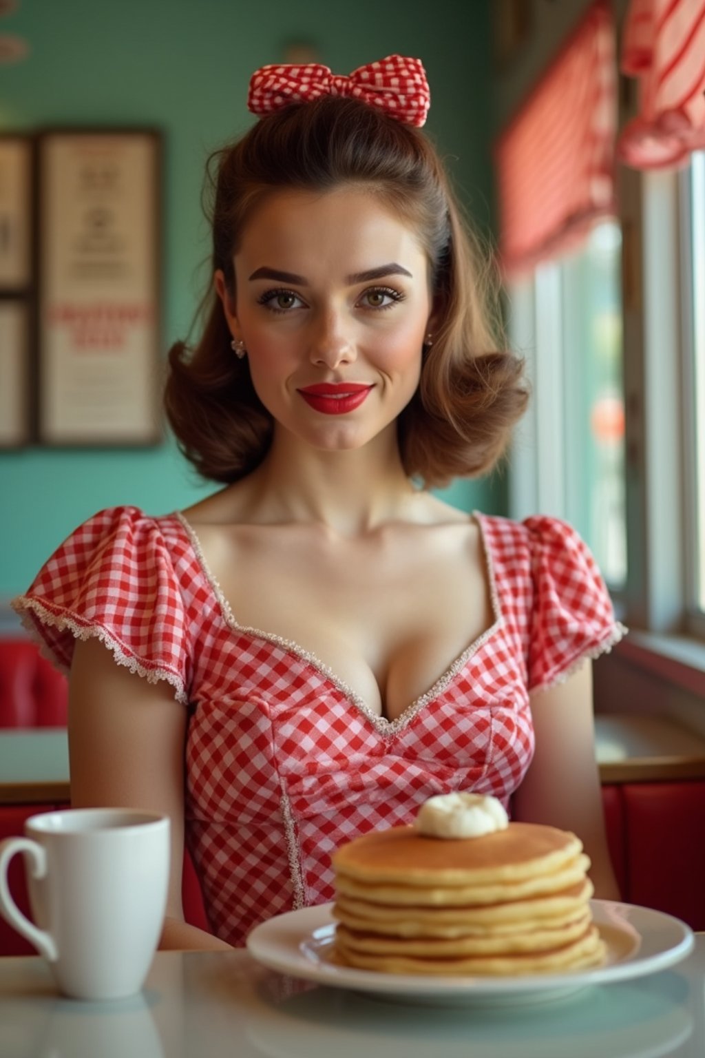 woman in retro 1950s diner photo shoot. stack of pancakes and one coffee mug in front.  woman wearing 1950s pin up dress and 1950s hair tie