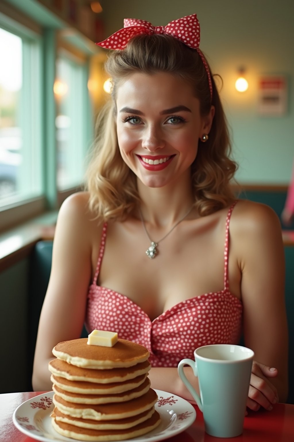 woman in retro 1950s diner photo shoot. stack of pancakes and one coffee mug in front.  woman wearing 1950s pin up dress and 1950s hair tie