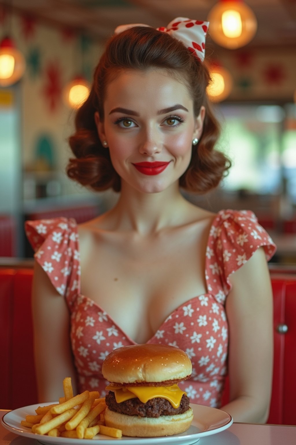 woman in retro 1950s diner photo shoot. french fries and one cheeseburger on a plate in front.  woman wearing 1950s pin up dress and 1950s hair tie