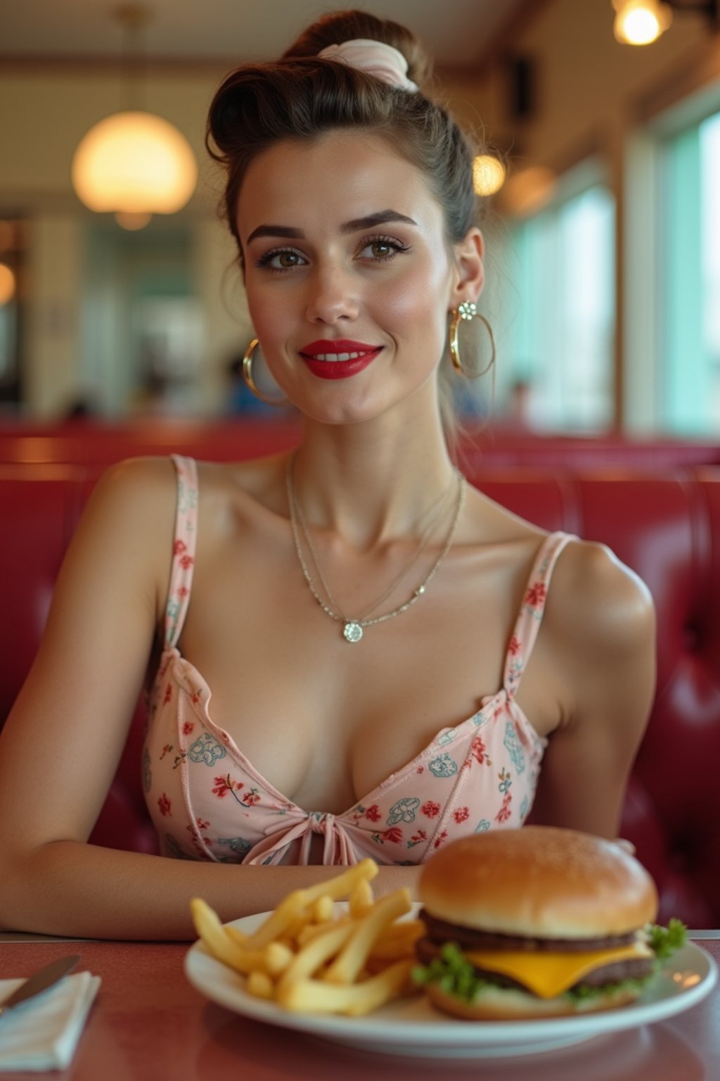 woman in retro 1950s diner photo shoot. french fries and one cheeseburger on a plate in front.  woman wearing 1950s pin up dress and 1950s hair tie