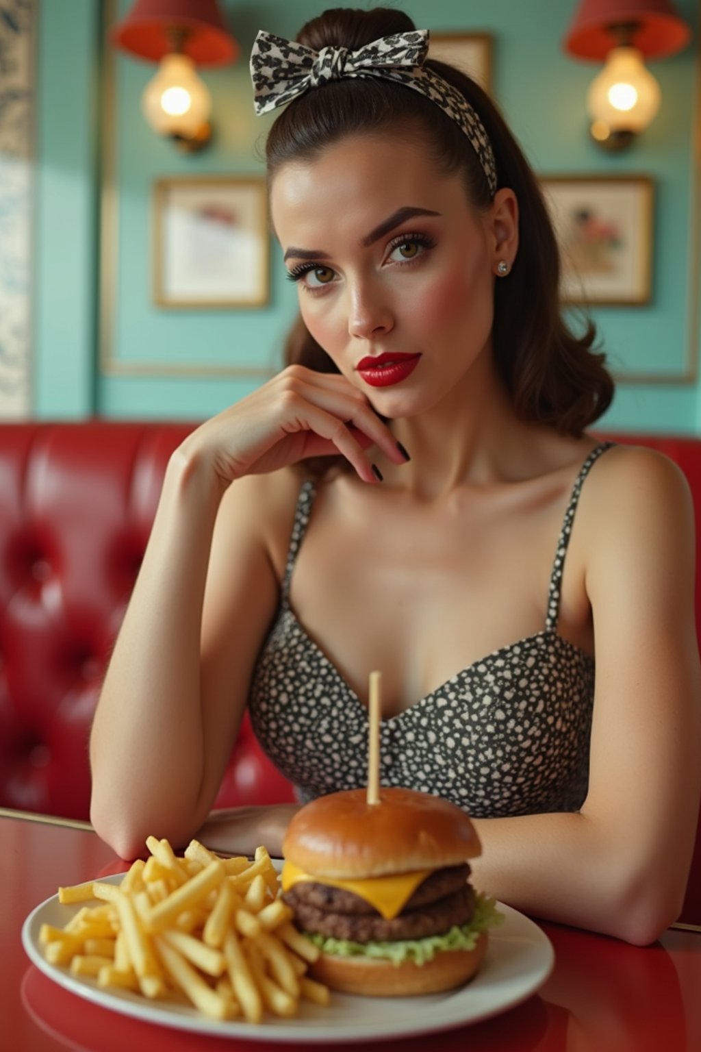 woman in retro 1950s diner photo shoot. french fries and one cheeseburger on a plate in front.  woman wearing 1950s pin up dress and 1950s hair tie