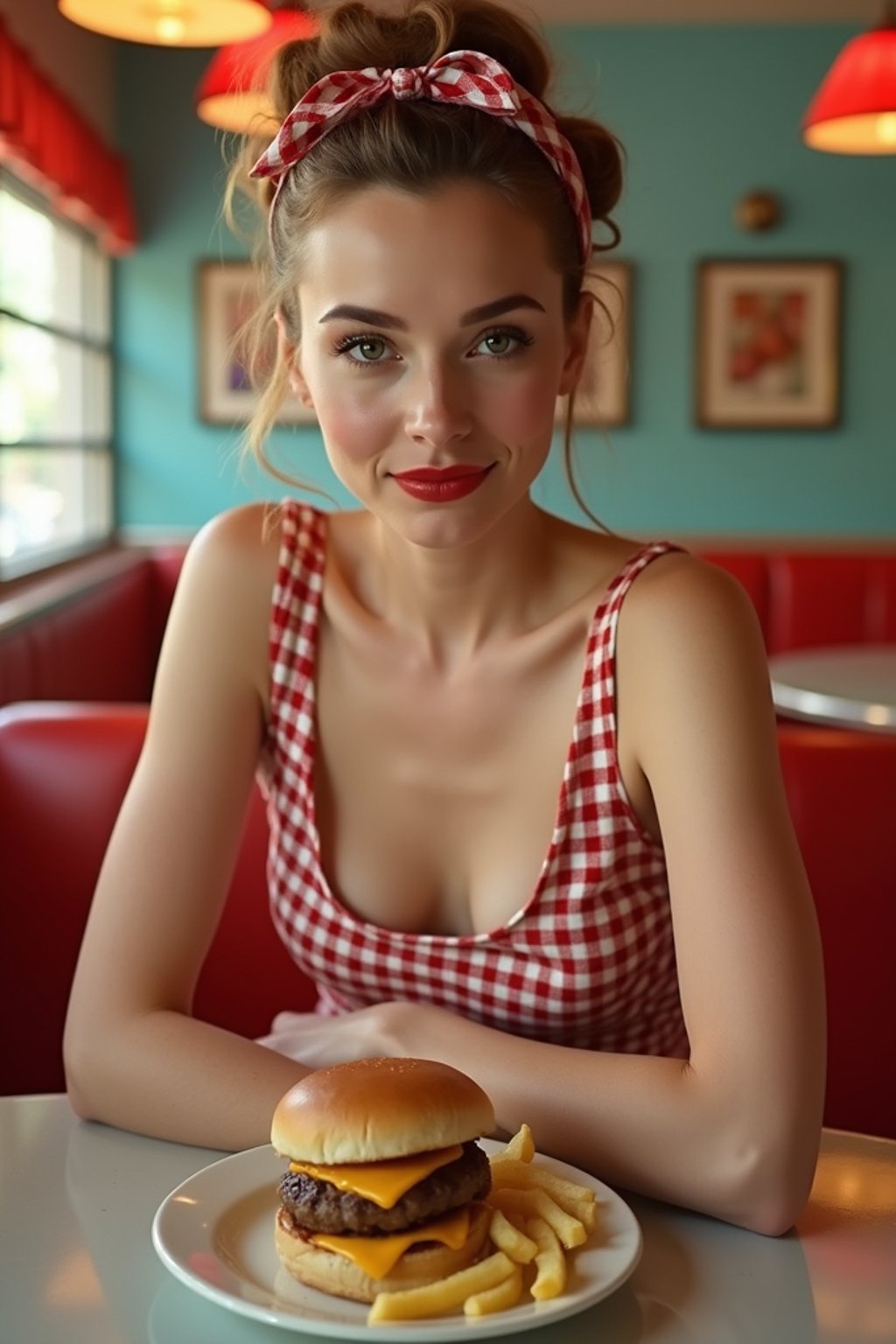 woman in retro 1950s diner photo shoot. french fries and one cheeseburger on a plate in front.  woman wearing 1950s pin up dress and 1950s hair tie