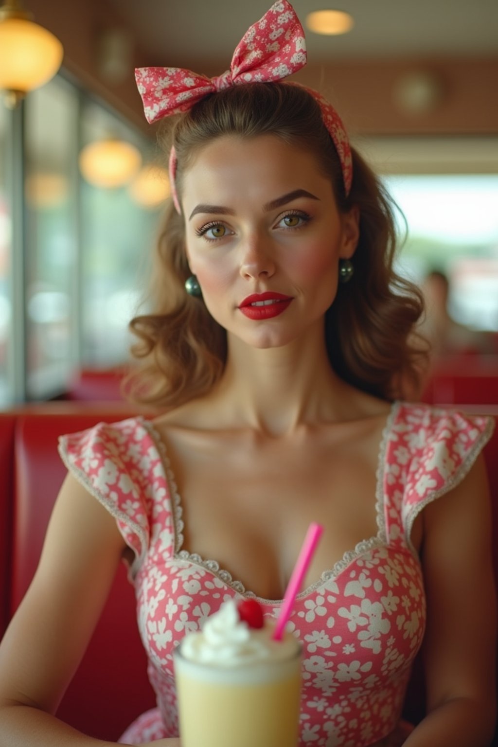 woman in retro 1950s diner photo shoot. one milkshake in front.  woman wearing 1950s pin up dress and 1950s hair tie