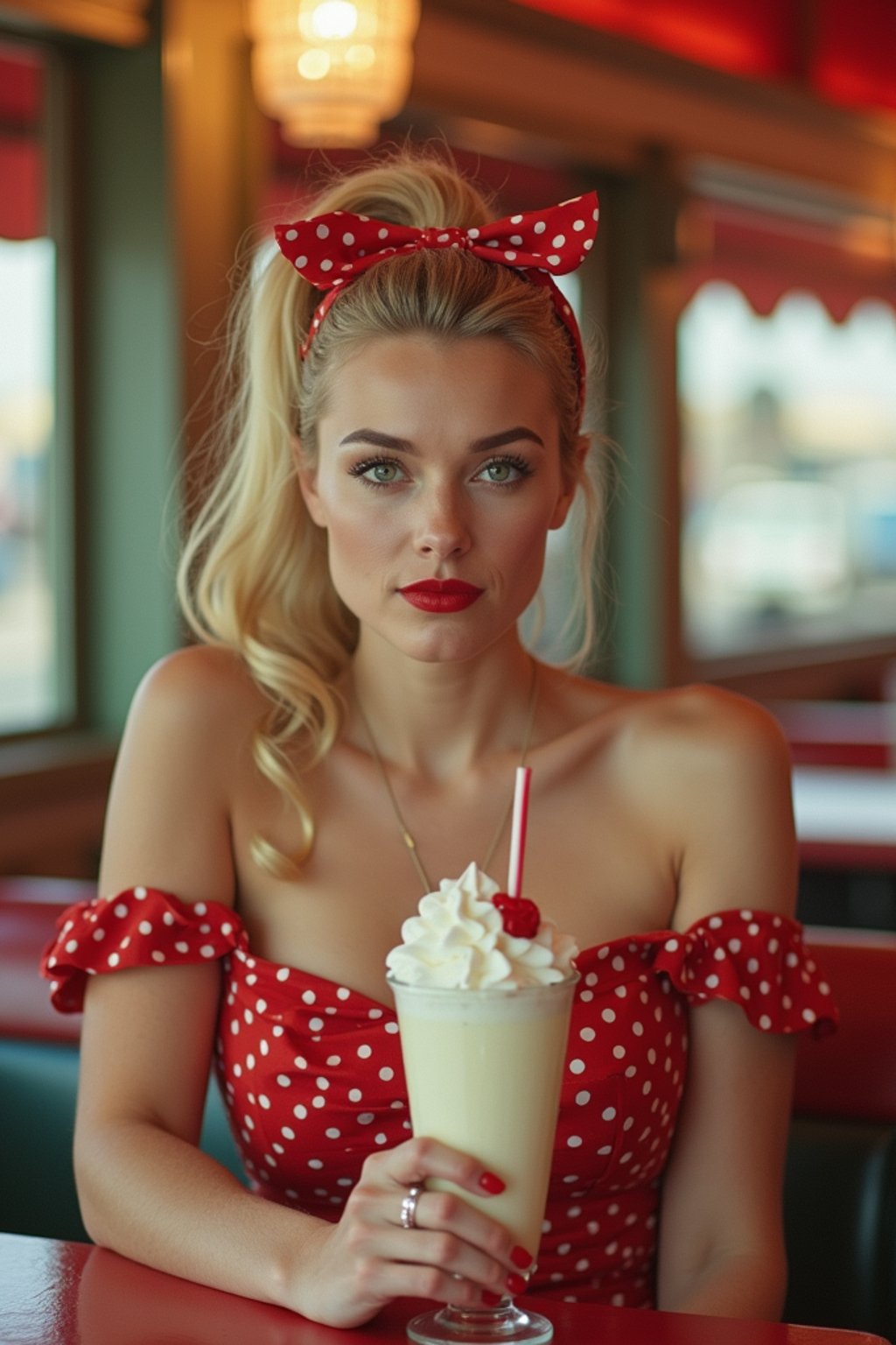 woman in retro 1950s diner photo shoot. one milkshake in front.  woman wearing 1950s pin up dress and 1950s hair tie